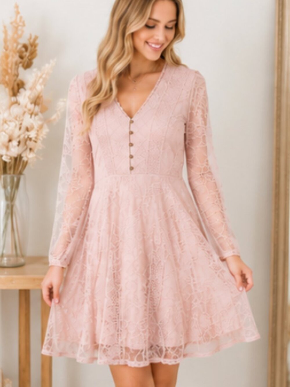 Altar'd State Blush Pink Lace Fit & Flare Dress NWT Large Boho Romantic
